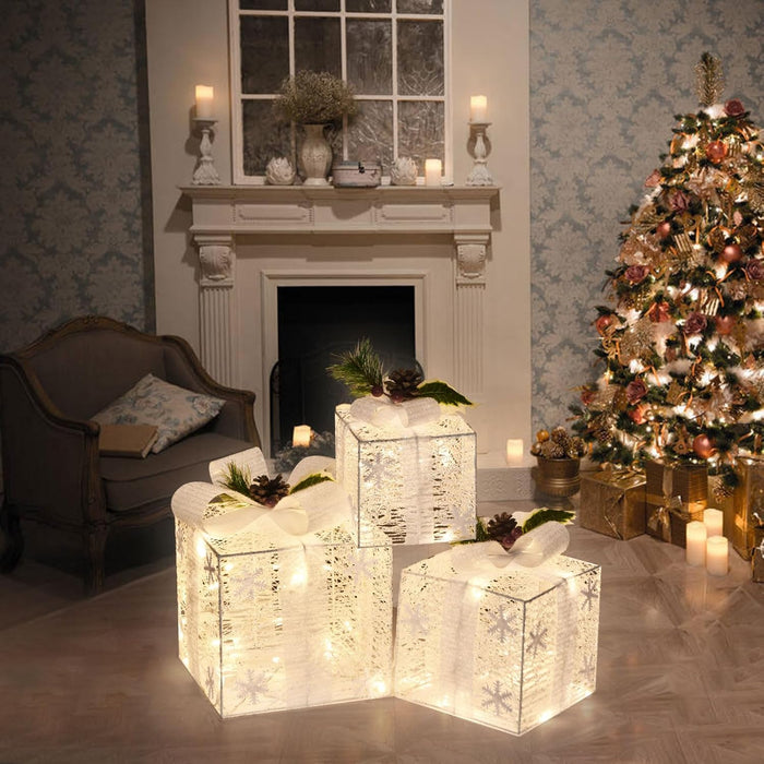 Lighted Gift Boxes, Set of 3 Christmas Decorations, Light up Ornaments, Warm White LED with Bows for Indoor Party Holiday, Snow Decor