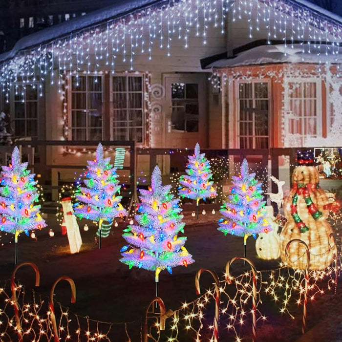 2 Pack White Christmas Tree Outdoor,Solar Powered Christmas Trees with 60 LED C6 Christmas Lights,Pre-Lit Small Artificial Xmas Tree for Yard Porch Walkway Pathway Grave Cemetery Christmas Decorations