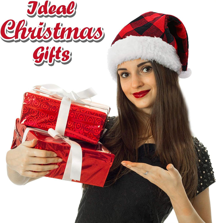 6 Pack Christmas Santa Hat - Red and Black Buffalo Plaid Luxury Plush Hat for Christmas Gifts, Costume Accessories, Holiday Party Decorations
