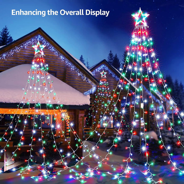 Outdoor Christmas Lights 344 LED Christmas Star Lights with 9 Strands 11.9Ft Waterfall Tree Lights, 8 Modes, Waterproof & Timer for Garden Yard Patio Outdoor Xmas Decorations，Red Green White