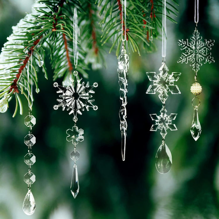 18Pcs Christmas Tree Decoration Crystal Ornaments - Hanging Acrylic Christmas Snowflake Icicle Drop Crystal Ornaments for Xmas Tree Winter New Year Party Supplies