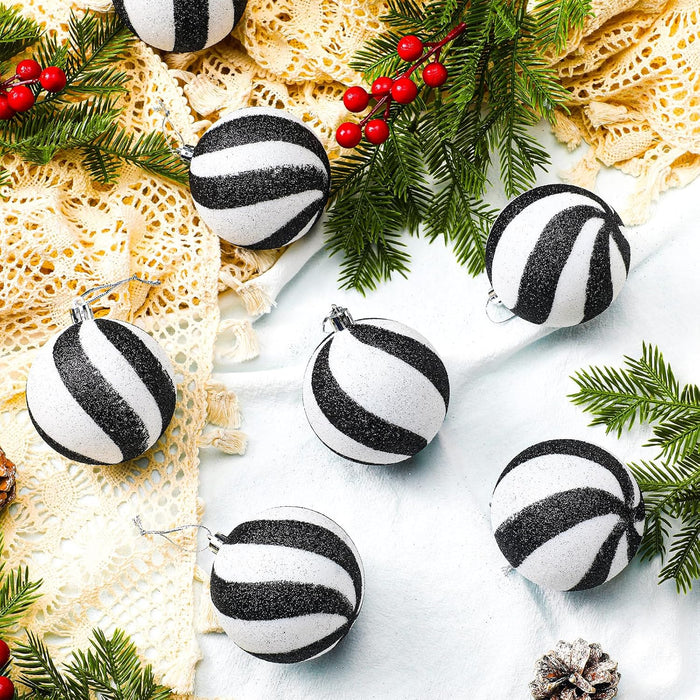 12 Pieces 3.15 Inches Christmas Balls Ornaments Glitter Christmas Tree Decorations Plastic Painted Xmas Baubles Decorations for Xmas Swirl Hanging Ornaments Decor(White and Black)