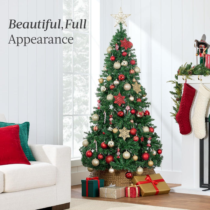 Artificial Christmas Tree, 6Ft Premium Unlit Hinged Design, Dense Branches Realistic Holiday Décor​ W/Easy Assembly, Base