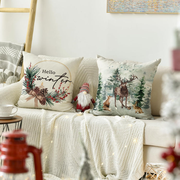 Merry Christmas Trees Reindeer Snowflake Throw Pillow Covers, 18 X 18 Inch Xmas Red Berries Hello Winter Holiday Cushion Case Decoration for Sofa Couch Set of 4