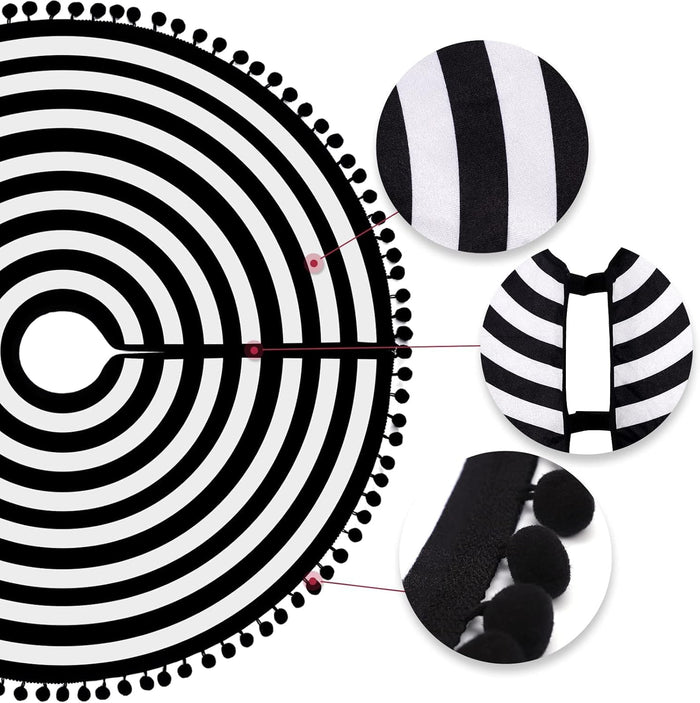 Christmas Black and White Tree Skirt, 30 Inch Annual Rings Tree Mat with Pom Poms for Xmas Tree Halloween Indoor Home Holiday Party Christmas Decorations
