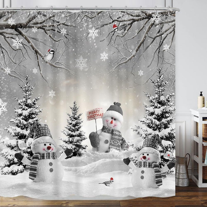 Farmhouse Winter Christmas Shower Curtain, Cute Snowman Snow Forest Pine Tree Scene Shower Curtain for Bathroom Rustic Xmas Snowflake Holiday Gray Bathroom Accessories Polyester 72"X72" with Hooks