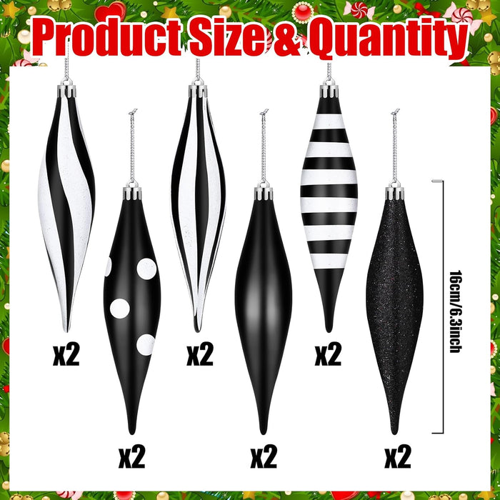 12 Pcs Black and White Christmas Ornaments 6.3 Inch Droplet Stripe Dot Hanging Christmas Ornaments for Xmas Tree Decor for Home and Holiday Party Xmas Trees Accessories