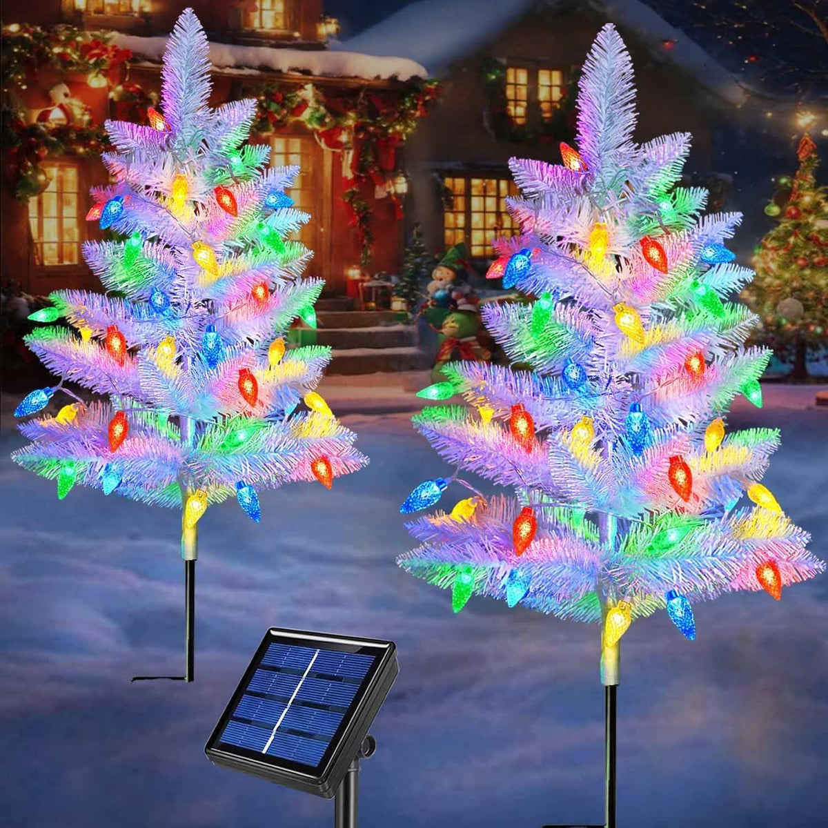 2 Pack White Christmas Tree Outdoor,Solar Powered Christmas Trees with 60 LED C6 Christmas Lights,Pre-Lit Small Artificial Xmas Tree for Yard Porch Walkway Pathway Grave Cemetery Christmas Decorations