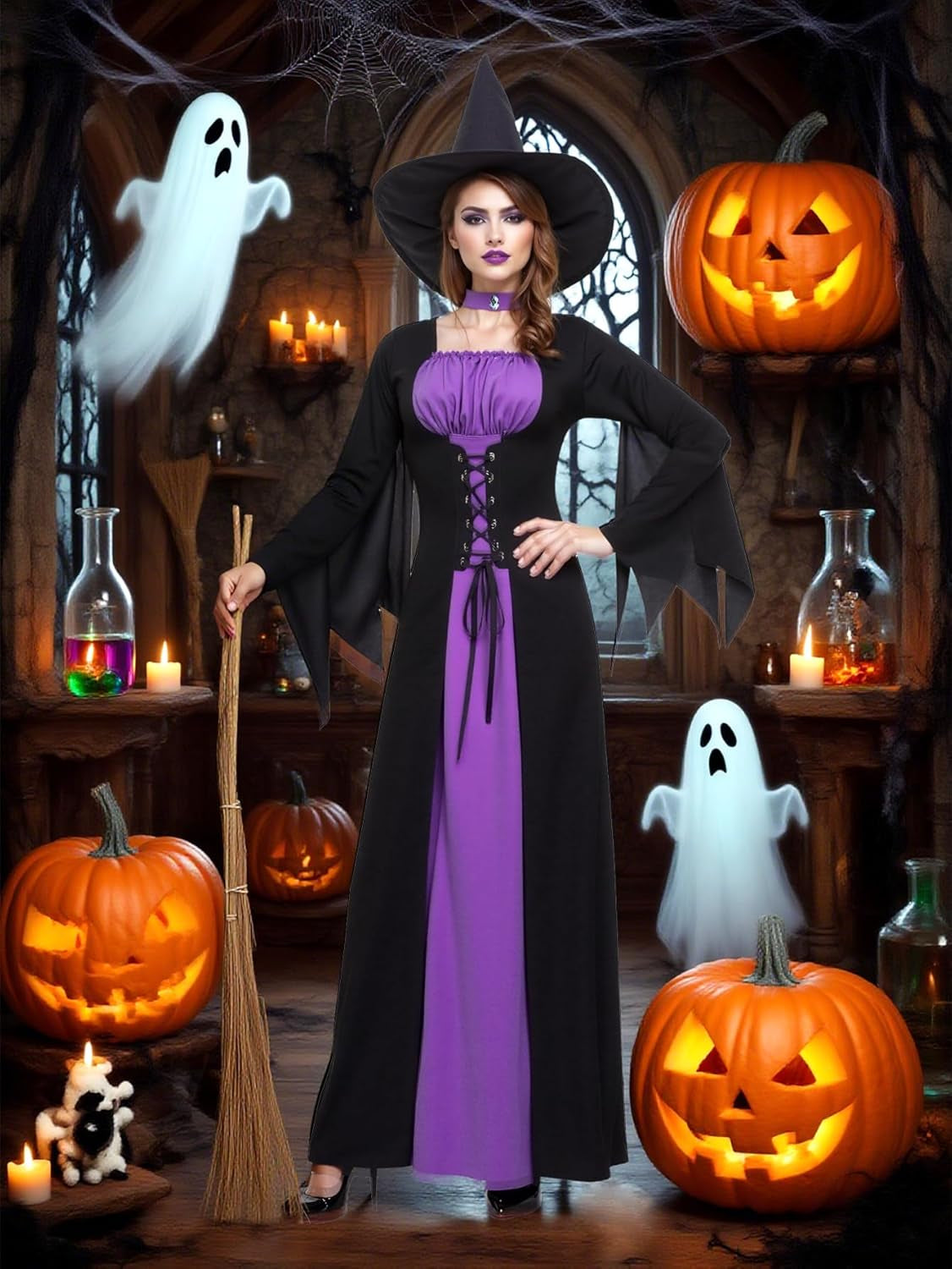 Witch Costume for Women,Adult Halloween Witch Outfit with Hat,Purple Gothic Long Sorceress Classic Dress