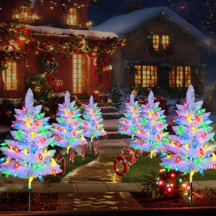 2 Pack White Christmas Tree Outdoor,Solar Powered Christmas Trees with 60 LED C6 Christmas Lights,Pre-Lit Small Artificial Xmas Tree for Yard Porch Walkway Pathway Grave Cemetery Christmas Decorations