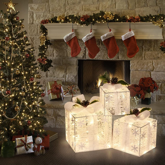 Lighted Gift Boxes, Set of 3 Christmas Decorations, Light up Ornaments, Warm White LED with Bows for Indoor Party Holiday, Snow Decor