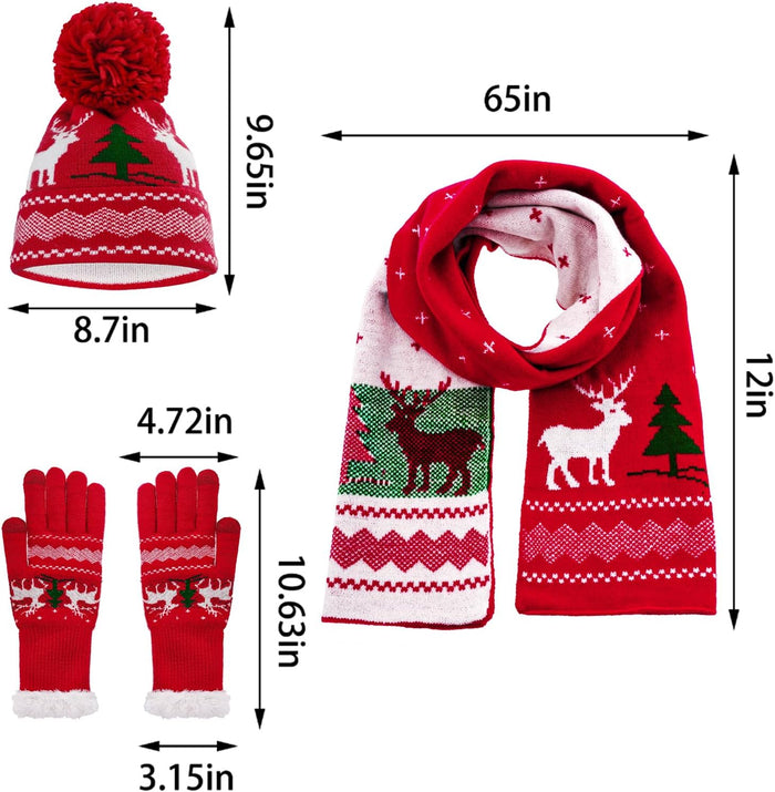 Knitted Hat Scarf Glove Set for Women, Pom Pom Beanie Warm Gloves Winter Scarf Winter Set for Christmas Cold Weather