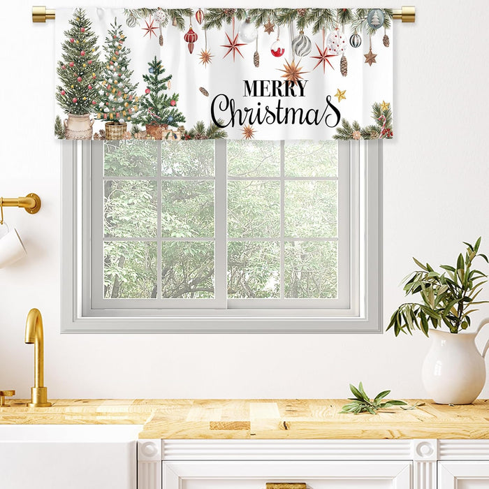 Holly Ornament Merry Christmasvalances for Kitchen Windows Xmas Green Tree Balls Cafe Valance Winter Short Treatment Drapes for Bathroom Laundry Basement Living Room Kitchen 52X18 Inch