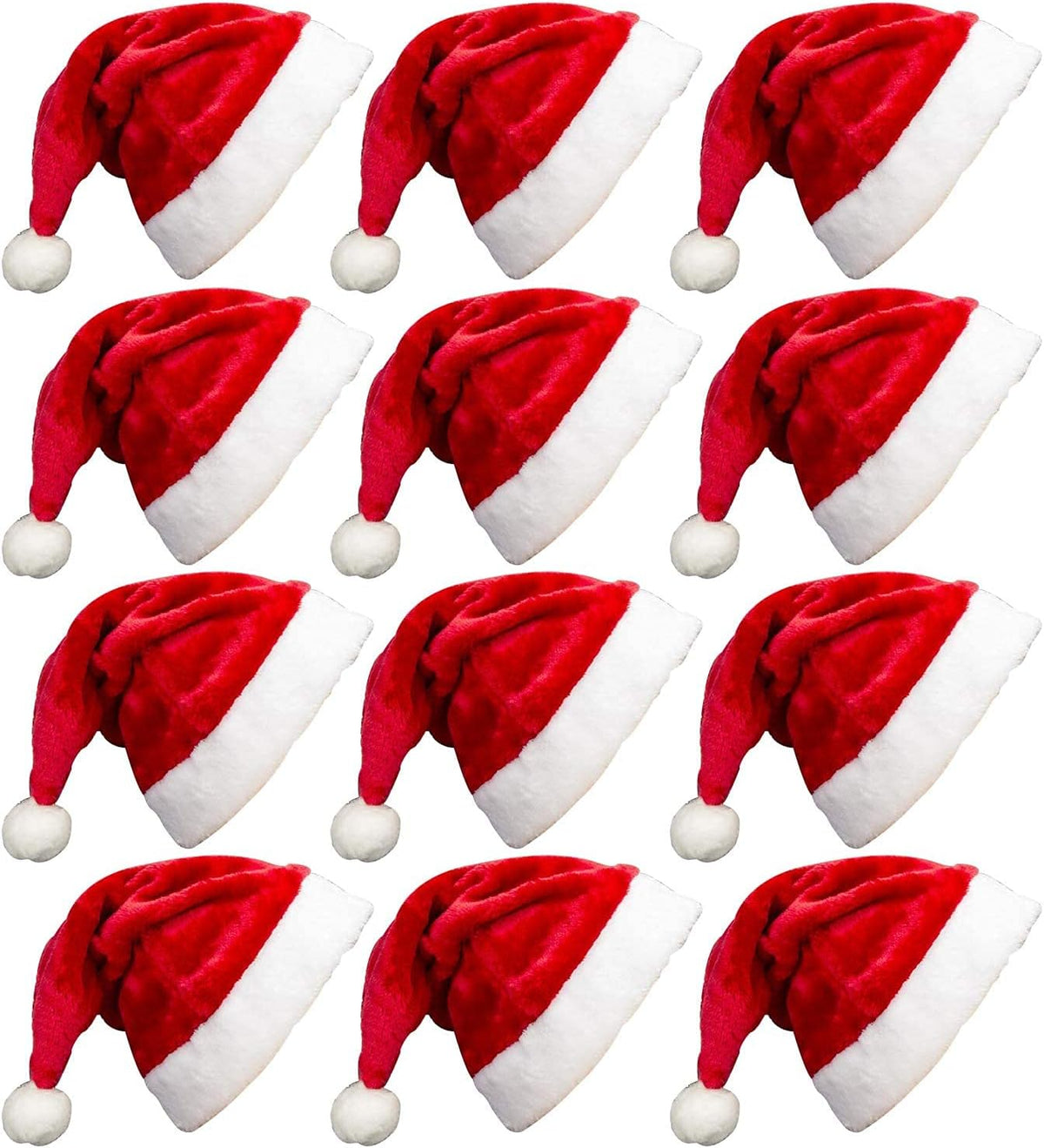 12 Pack Plush Santa Christmas Hats for Kids Children Teenagers & Adults Small Head, Red Plush Xmas Hats with White Cuffs for Christmas Holiday