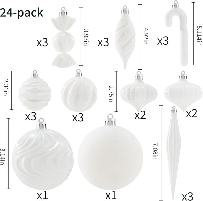 Christmas Ball Ornaments Set Shatterproof Christmas Tree Ornaments 24 PCS Painted Shaped Styles Xmas Tree for Holiday Decor,White