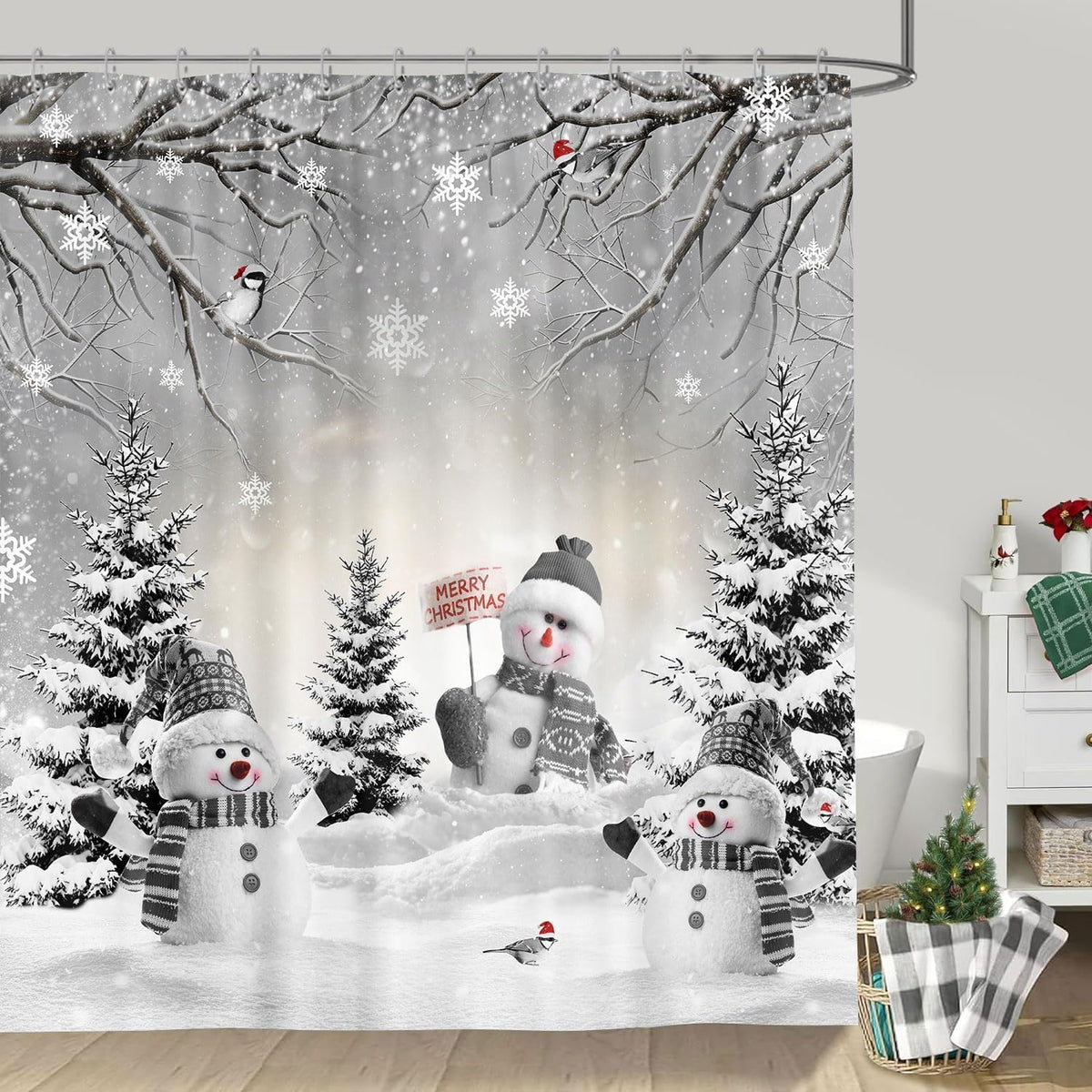 Farmhouse Winter Christmas Shower Curtain, Cute Snowman Snow Forest Pine Tree Scene Shower Curtain for Bathroom Rustic Xmas Snowflake Holiday Gray Bathroom Accessories Polyester 72"X72" with Hooks