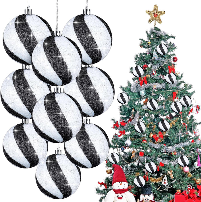 12 Pieces 3.15 Inches Christmas Balls Ornaments Glitter Christmas Tree Decorations Plastic Painted Xmas Baubles Decorations for Xmas Swirl Hanging Ornaments Decor(White and Black)