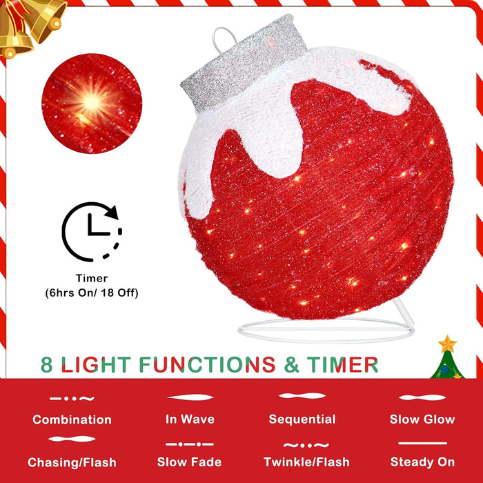 Outdoor Christmas Ornaments, Lighted Pop-Up Outdoor Holiday Ball Decoration with 80 LED Lights, 8 Light Modes, Lighted Collapsible Holiday Decorations for Yard, Home (Red)
