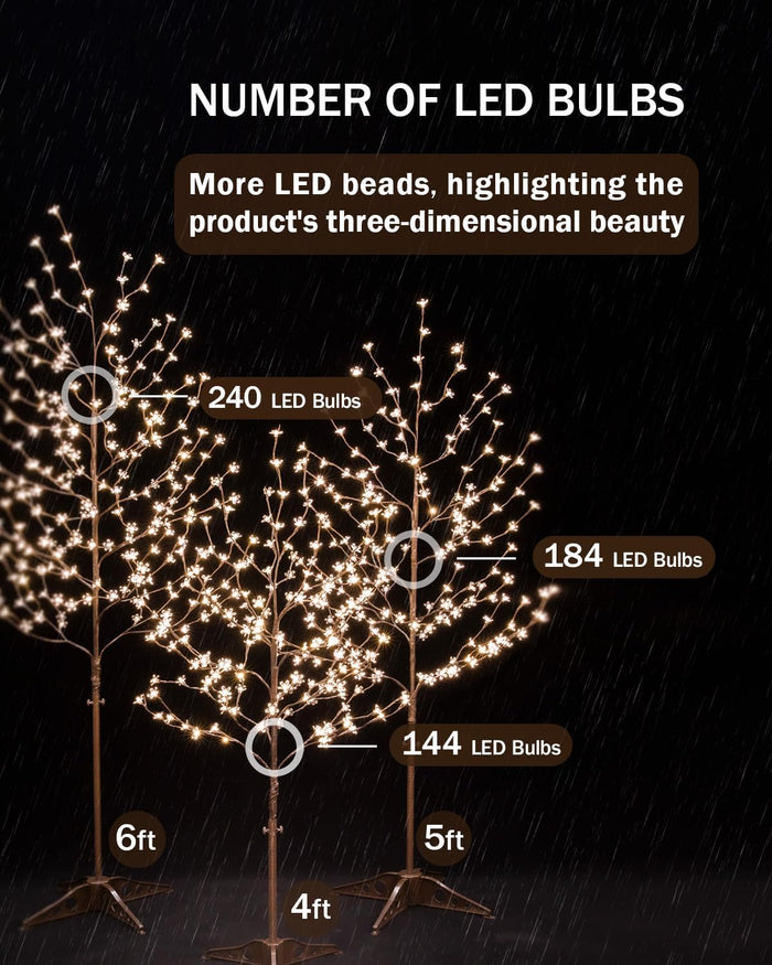 Lighted Cherry Blossom Tree Set 4Ft, 5Ft and 6Ft with 144/184/240 Warm White LED Lights for Holiday Decor - Dimmable, UL Certified, Waterproof - Ideal for Indoor and Outdoor Decoration