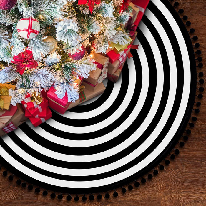 Christmas Black and White Tree Skirt, 30 Inch Annual Rings Tree Mat with Pom Poms for Xmas Tree Halloween Indoor Home Holiday Party Christmas Decorations
