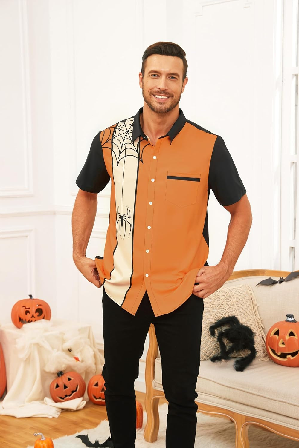 WHO in SHOP Men'S Halloween Shirts Cute Scary Horror Short Sleeve Button up Shirt