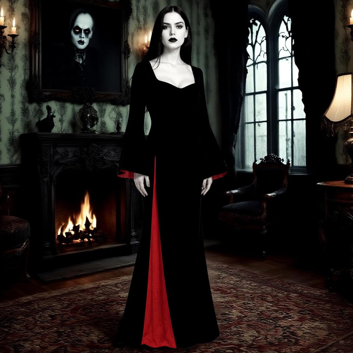 Morticia Addams Costume Women, Black Gothic Maxi Gown, Long Sleeve Black Dress for Halloween Vampire Witch Cosplay Outfit