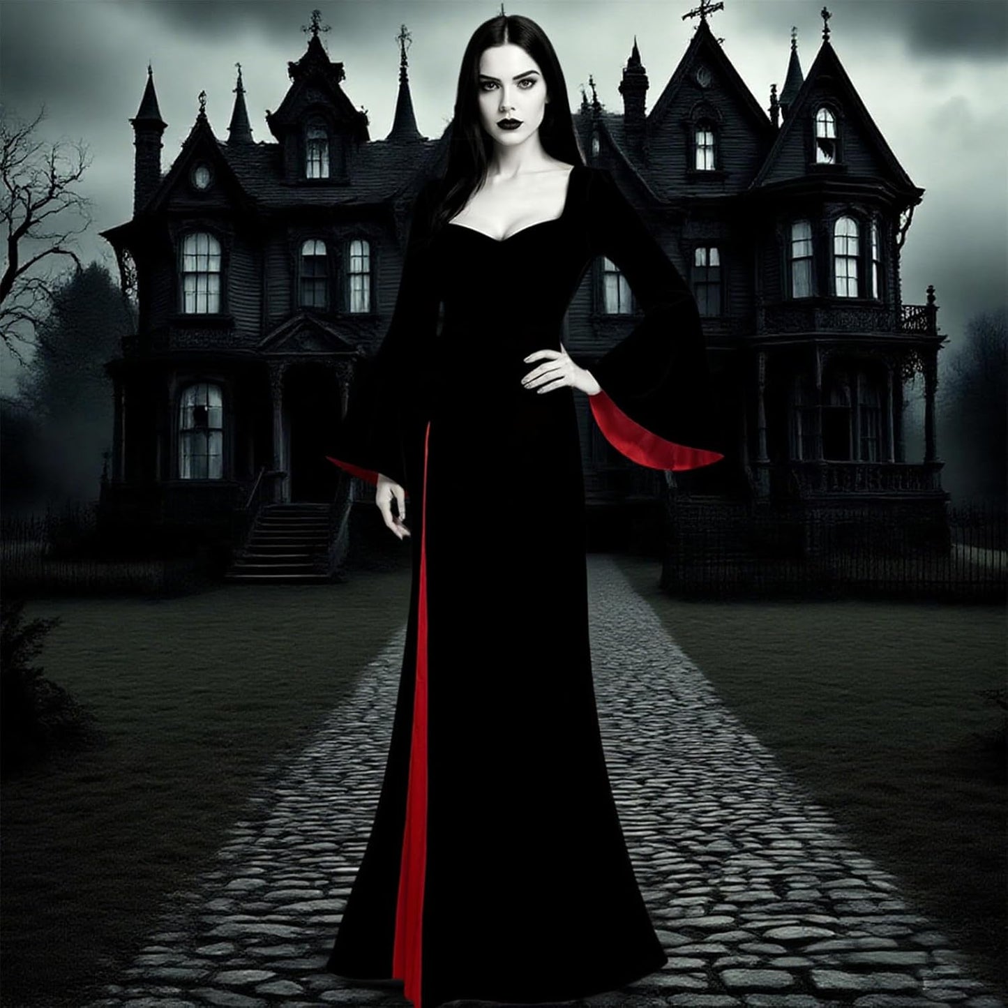 Morticia Addams Costume Women, Black Gothic Maxi Gown, Long Sleeve Black Dress for Halloween Vampire Witch Cosplay Outfit