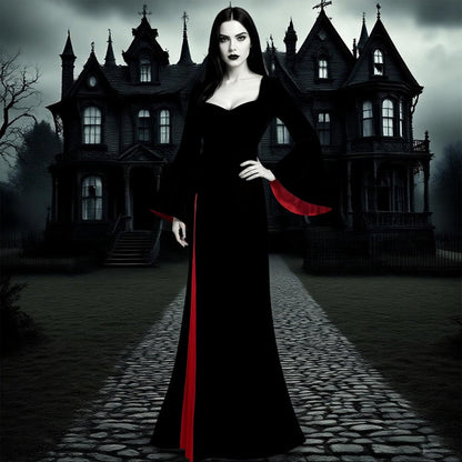 Morticia Addams Costume Women, Black Gothic Maxi Gown, Long Sleeve Black Dress for Halloween Vampire Witch Cosplay Outfit