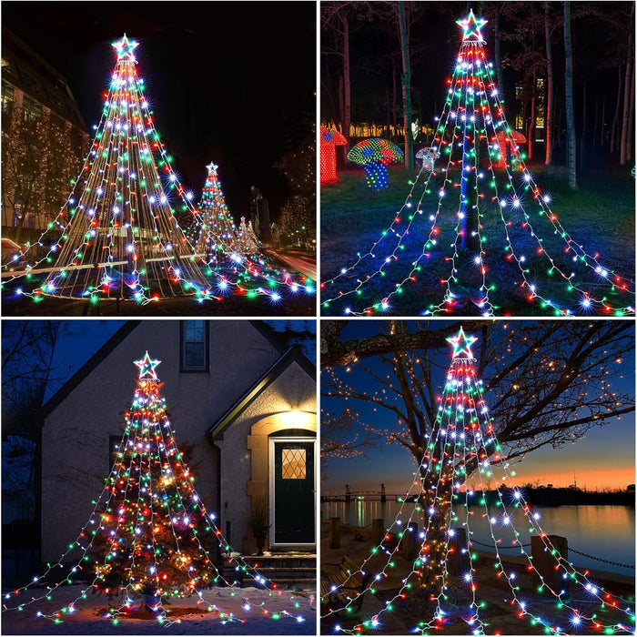 Outdoor Christmas Lights 344 LED Christmas Star Lights with 9 Strands 11.9Ft Waterfall Tree Lights, 8 Modes, Waterproof & Timer for Garden Yard Patio Outdoor Xmas Decorations，Red Green White