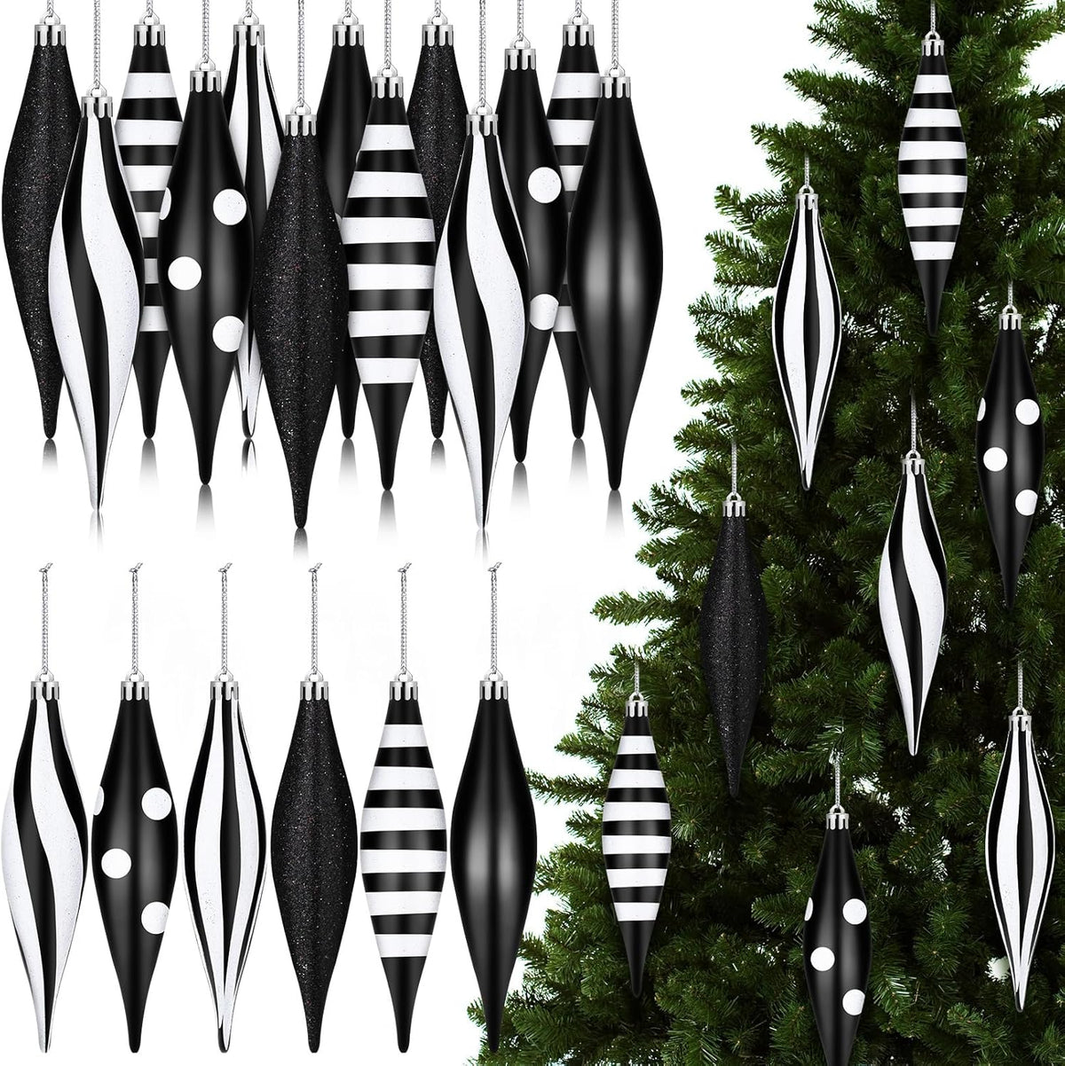 12 Pcs Black and White Christmas Ornaments 6.3 Inch Droplet Stripe Dot Hanging Christmas Ornaments for Xmas Tree Decor for Home and Holiday Party Xmas Trees Accessories