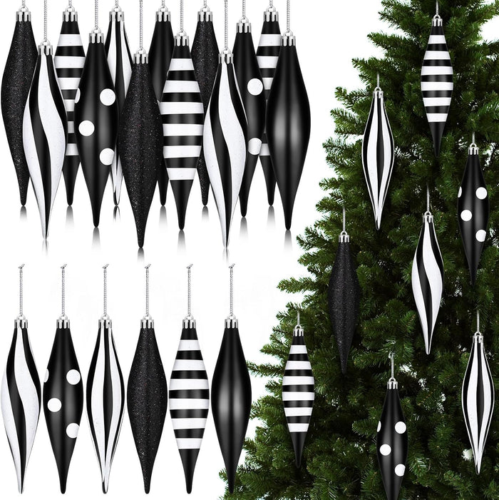 12 Pcs Black and White Christmas Ornaments 6.3 Inch Droplet Stripe Dot Hanging Christmas Ornaments for Xmas Tree Decor for Home and Holiday Party Xmas Trees Accessories