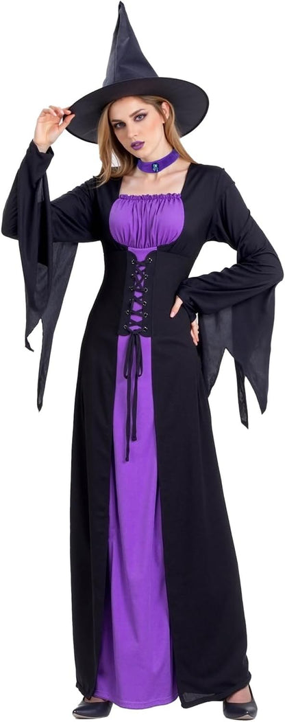 Witch Costume for Women,Adult Halloween Witch Outfit with Hat,Purple Gothic Long Sorceress Classic Dress