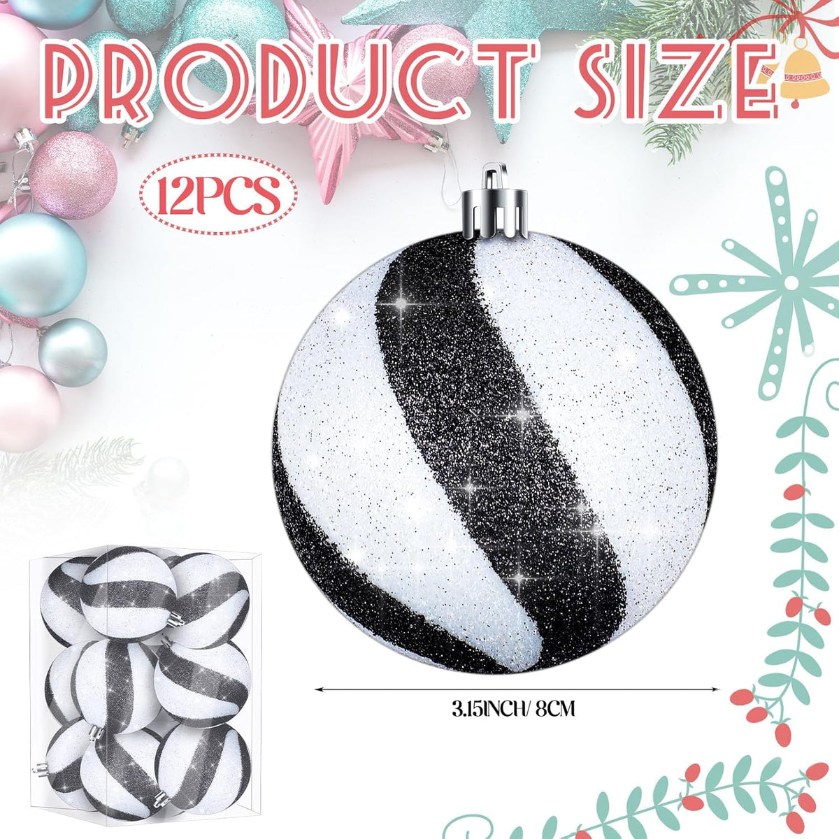 12 Pieces 3.15 Inches Christmas Balls Ornaments Glitter Christmas Tree Decorations Plastic Painted Xmas Baubles Decorations for Xmas Swirl Hanging Ornaments Decor(White and Black)