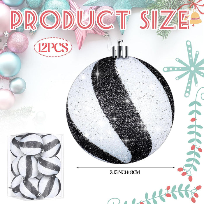 12 Pieces 3.15 Inches Christmas Balls Ornaments Glitter Christmas Tree Decorations Plastic Painted Xmas Baubles Decorations for Xmas Swirl Hanging Ornaments Decor(White and Black)