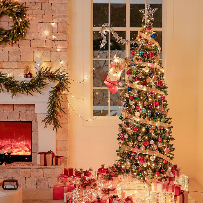 6Ft Prelit Pencil Slim Christmas Tree with 200 Color Changing LED Lights, 544 Branch Tips, Metal Stand and Hinged Branches, 10 Color Modes
