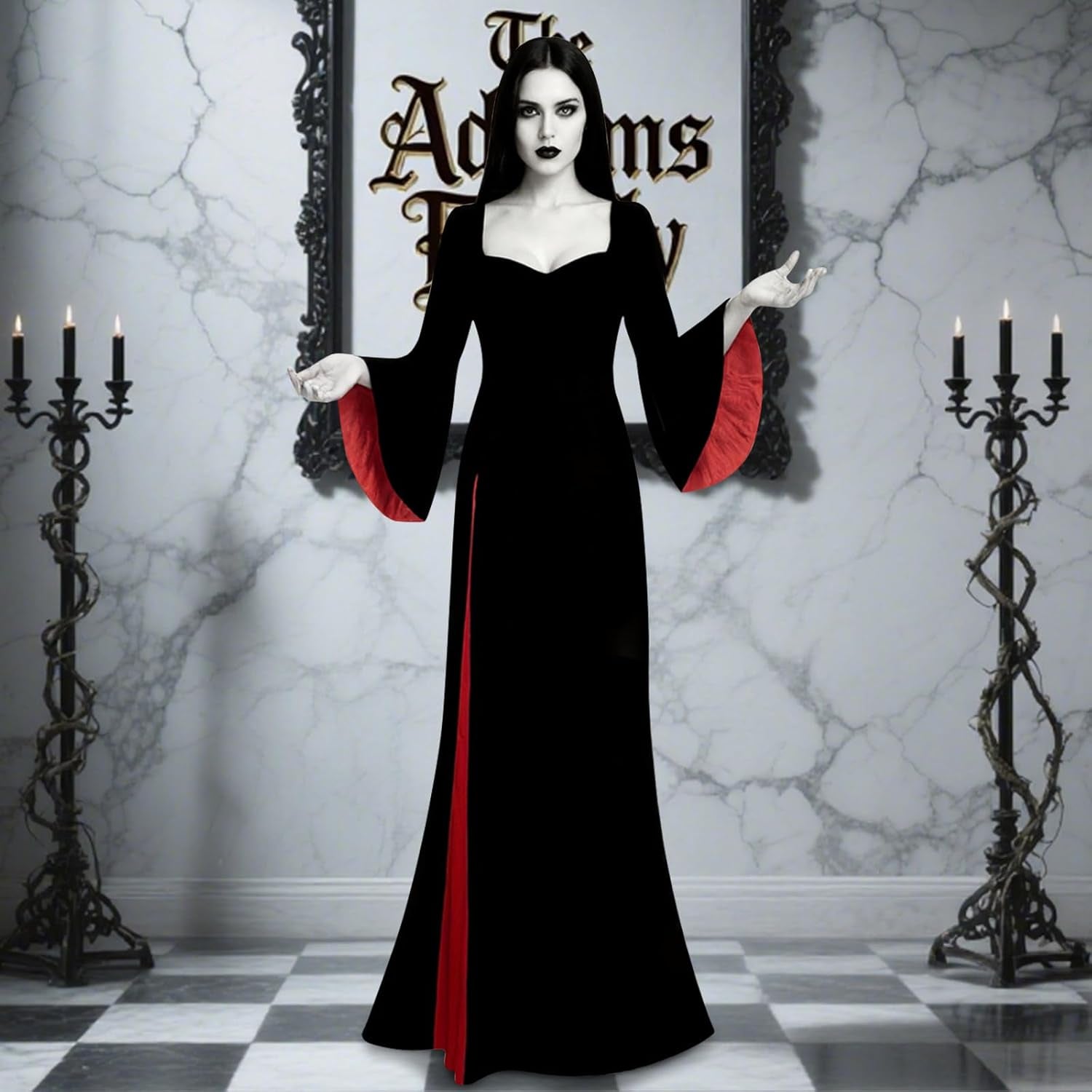 Morticia Addams Costume Women, Black Gothic Maxi Gown, Long Sleeve Black Dress for Halloween Vampire Witch Cosplay Outfit