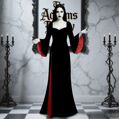 Morticia Addams Costume Women, Black Gothic Maxi Gown, Long Sleeve Black Dress for Halloween Vampire Witch Cosplay Outfit