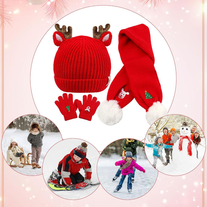 Christmas Beanie Hat Scarf Gloves Set for Kids, Winter Warm Set Xmas Tree Reindeer Hat Scarf Gloves for Toddler Boys Girls 1-8 Year