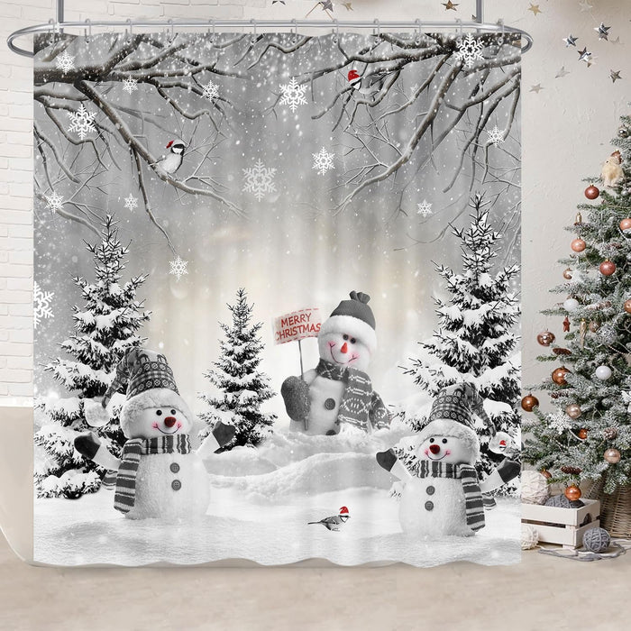 Farmhouse Winter Christmas Shower Curtain, Cute Snowman Snow Forest Pine Tree Scene Shower Curtain for Bathroom Rustic Xmas Snowflake Holiday Gray Bathroom Accessories Polyester 72"X72" with Hooks