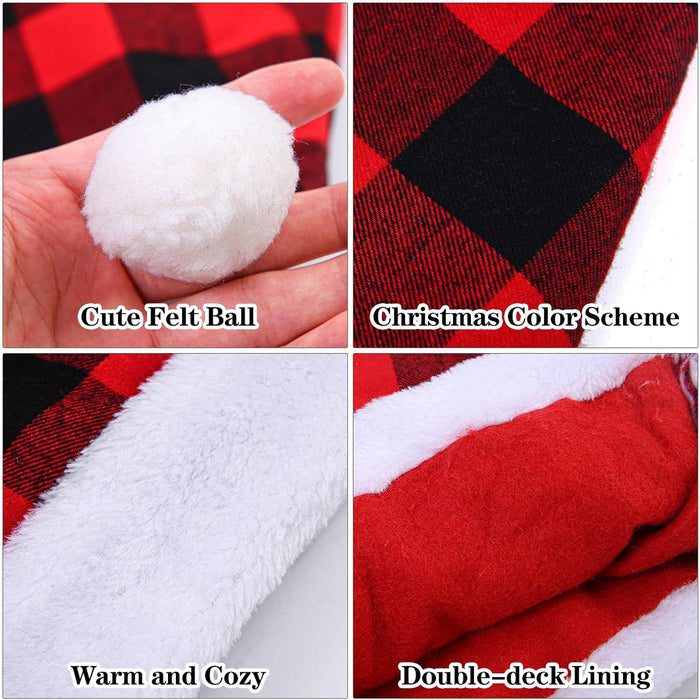 6 Pack Christmas Santa Hat - Red and Black Buffalo Plaid Luxury Plush Hat for Christmas Gifts, Costume Accessories, Holiday Party Decorations