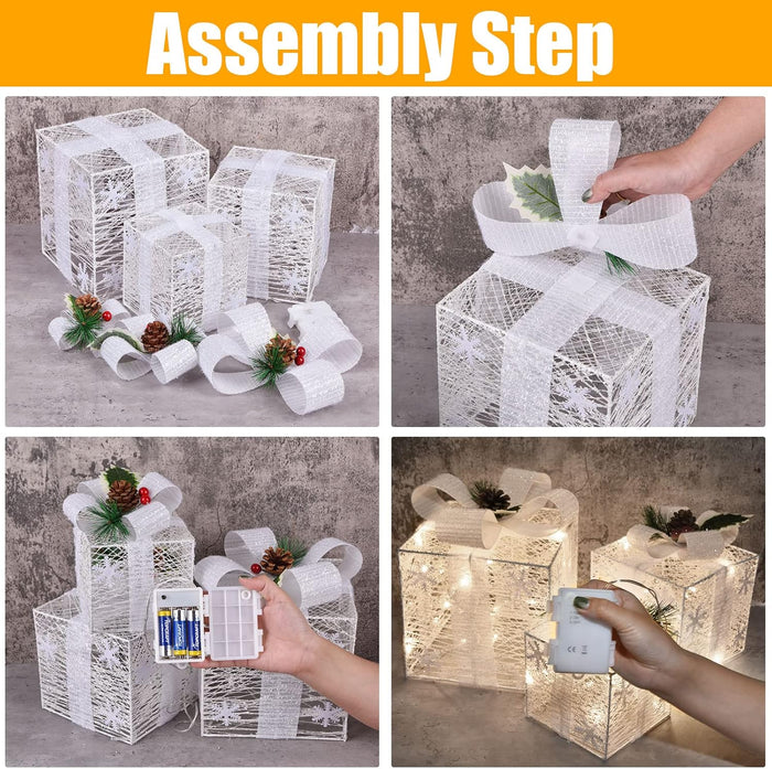Lighted Gift Boxes, Set of 3 Christmas Decorations, Light up Ornaments, Warm White LED with Bows for Indoor Party Holiday, Snow Decor