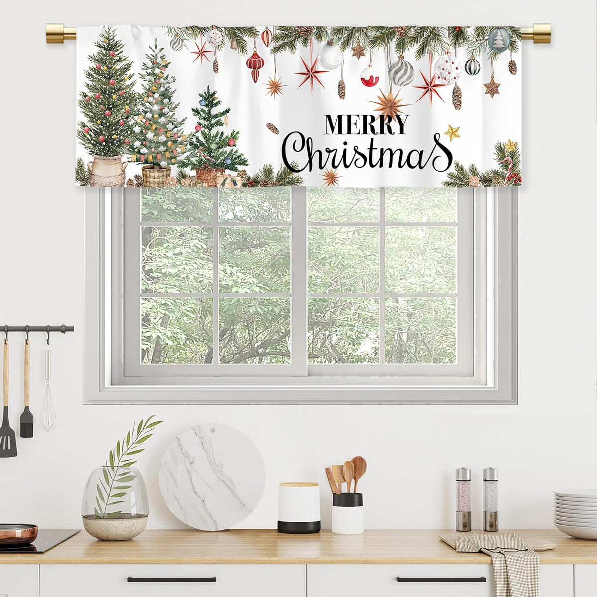Holly Ornament Merry Christmasvalances for Kitchen Windows Xmas Green Tree Balls Cafe Valance Winter Short Treatment Drapes for Bathroom Laundry Basement Living Room Kitchen 52X18 Inch