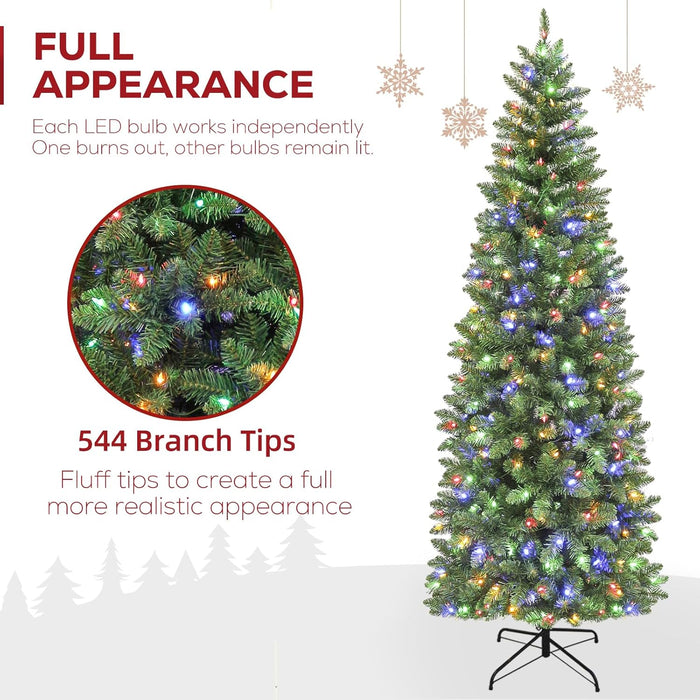 6Ft Prelit Pencil Slim Christmas Tree with 200 Color Changing LED Lights, 544 Branch Tips, Metal Stand and Hinged Branches, 10 Color Modes