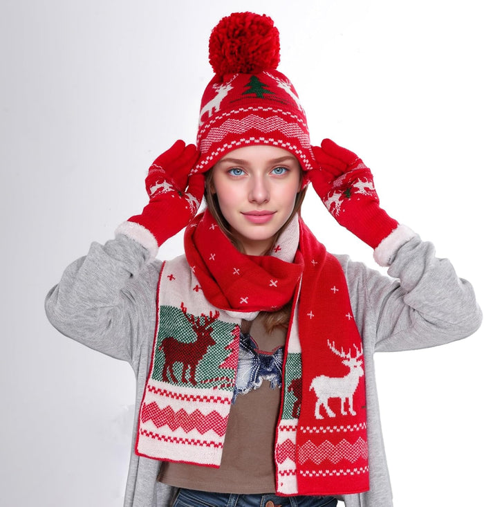 Knitted Hat Scarf Glove Set for Women, Pom Pom Beanie Warm Gloves Winter Scarf Winter Set for Christmas Cold Weather