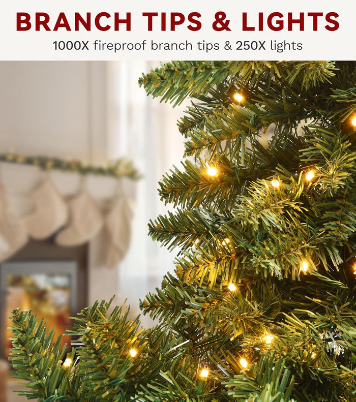 6Ft Pre-Lit Artificial Christmas Tree, Spruce Prelit Christmas Trees for Home, Office, Party with 1000 Thickened Branch Tips & 250 UL Listed Lights Green, Automatic Branches with Remote Control