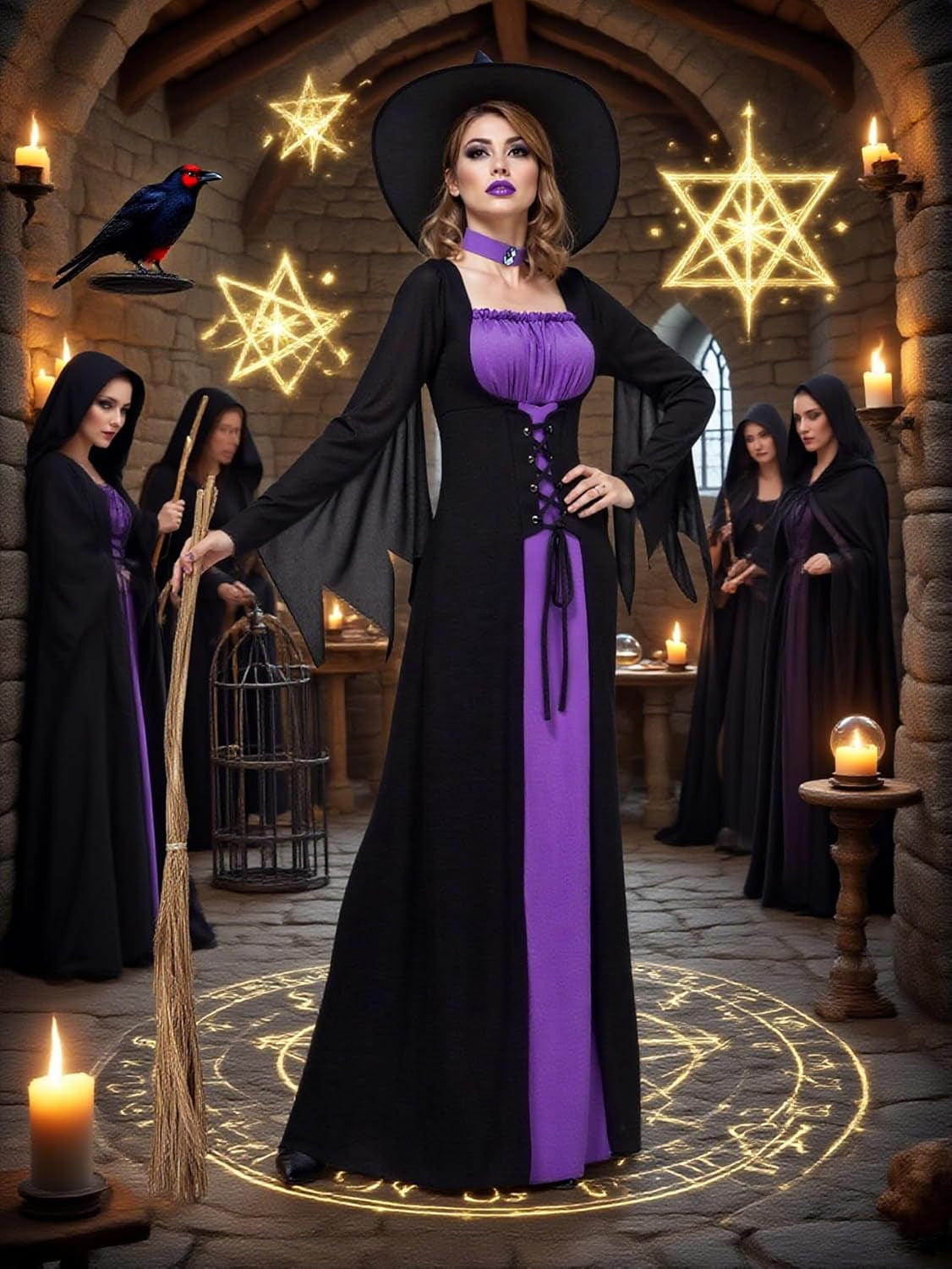 Witch Costume for Women,Adult Halloween Witch Outfit with Hat,Purple Gothic Long Sorceress Classic Dress