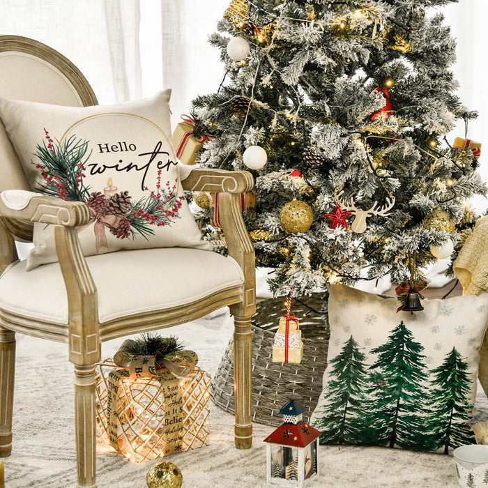 Merry Christmas Trees Reindeer Snowflake Throw Pillow Covers, 18 X 18 Inch Xmas Red Berries Hello Winter Holiday Cushion Case Decoration for Sofa Couch Set of 4