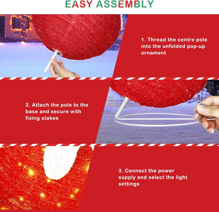 Outdoor Christmas Ornaments, Lighted Pop-Up Outdoor Holiday Ball Decoration with 80 LED Lights, 8 Light Modes, Lighted Collapsible Holiday Decorations for Yard, Home (Red)