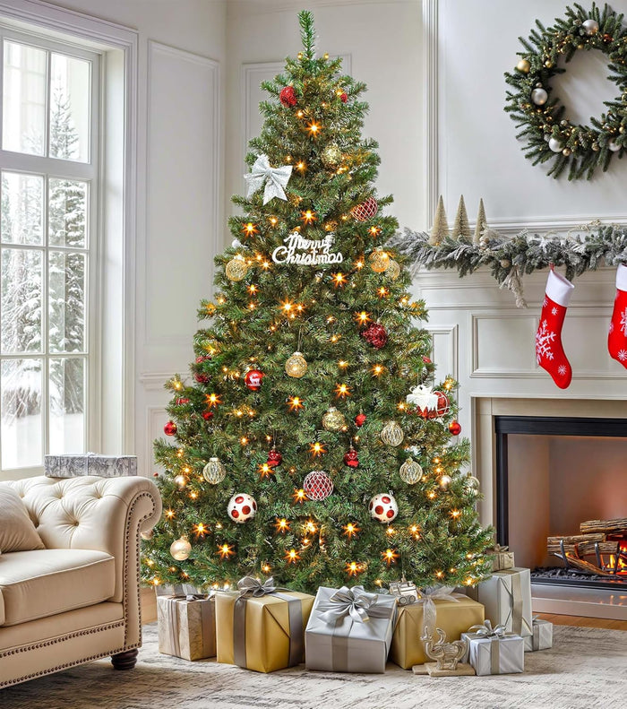 6Ft Pre-Lit Artificial Christmas Tree, Spruce Prelit Christmas Trees for Home, Office, Party with 1000 Thickened Branch Tips & 250 UL Listed Lights Green, Automatic Branches with Remote Control