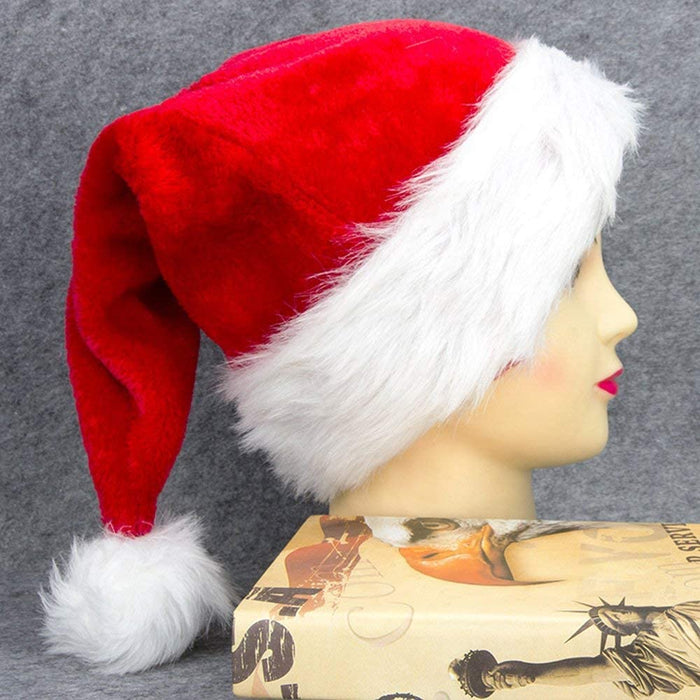 4 Pack Plush Santa Hats, Christmas Santa Hats for Christmas Party, Adult Size Xmas Holiday Hat for Unisex Kids Party Supplies